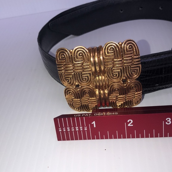 Vintage Carlisle black Lizard Leather belt Medium gold brass buckle USA - Picture 2 of 5